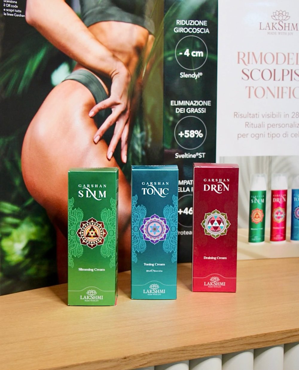 Linea di creme corpo Garshan Slim, Tonic e Dren usate nei trattamenti corpo
